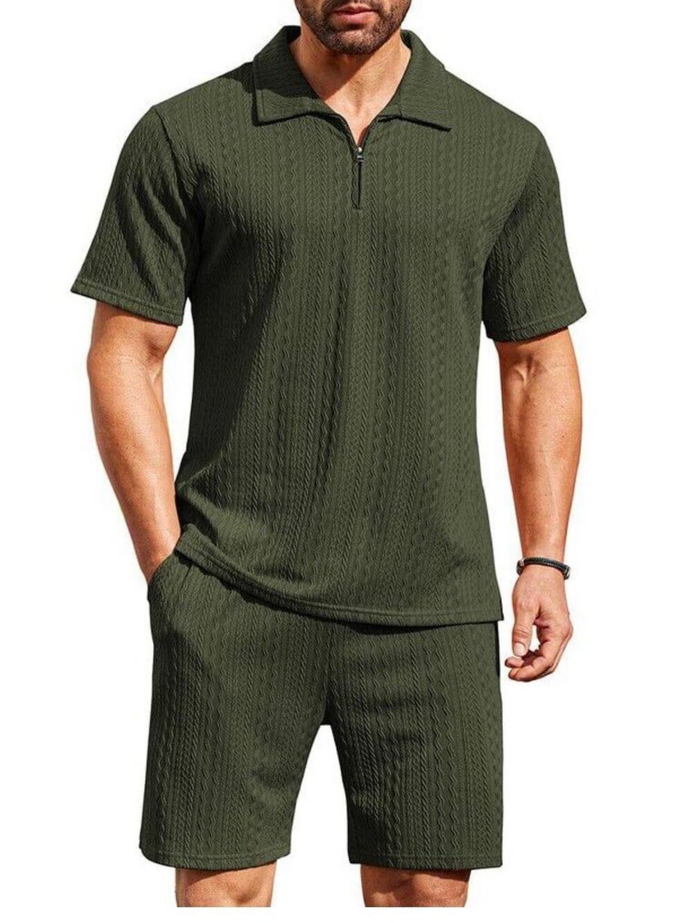 COOFANDY Men's Zipper Polo Shirts Short Sleeve W/Shorts Size Small Green